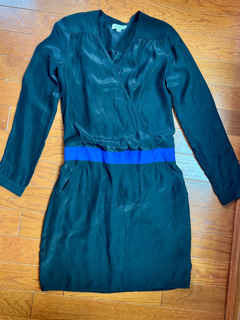 Barneys New York Black Silk dress with Royal Blue Waistband